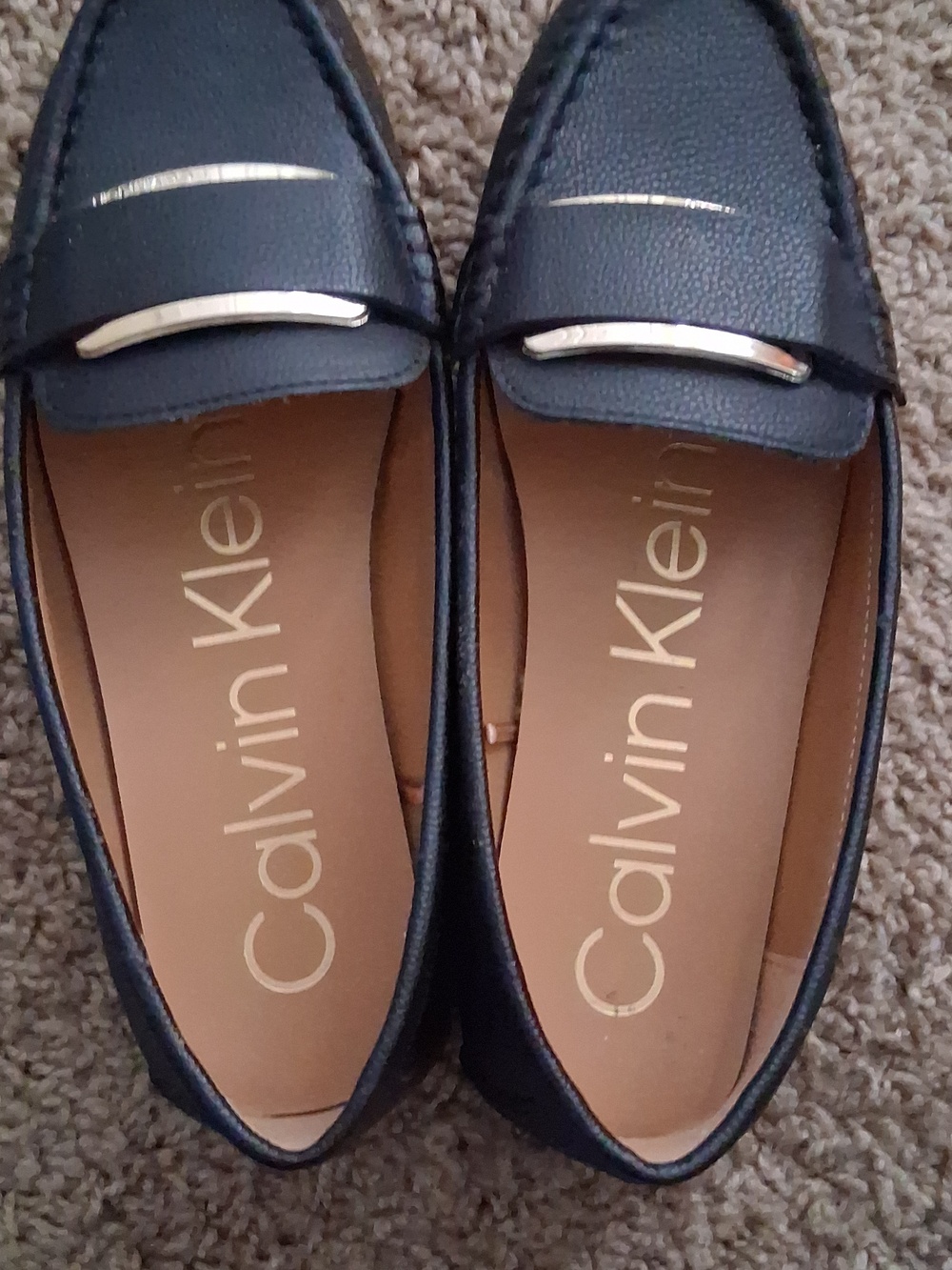 Calvin Klein Black Leather Slip-On Loafers with Gold Trim